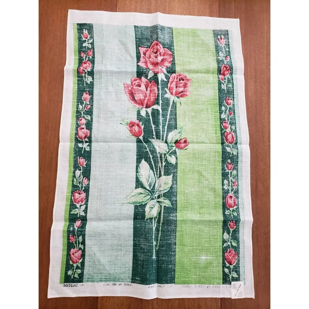 Vtg Ulster Linen Tea Towel‎ Regency Roses Made In Ireland Leslie Jones Red Green